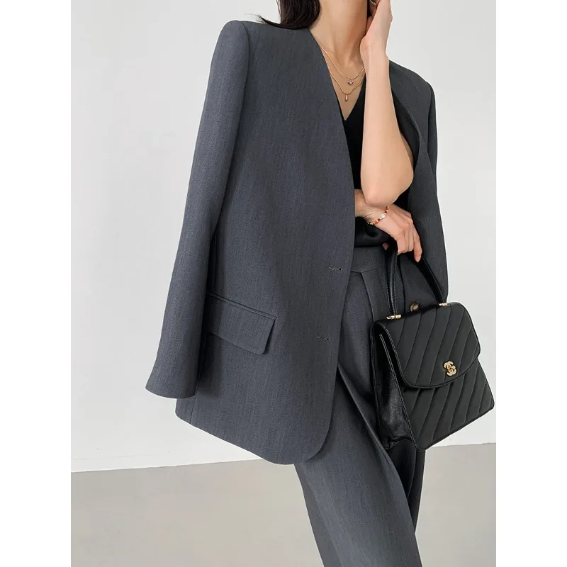 Autumn and Winter Women\'s Pant Suits Fashion Simple Commuter V-neck Single-breasted Loose Blazer Jacket Harlan Trousers Set