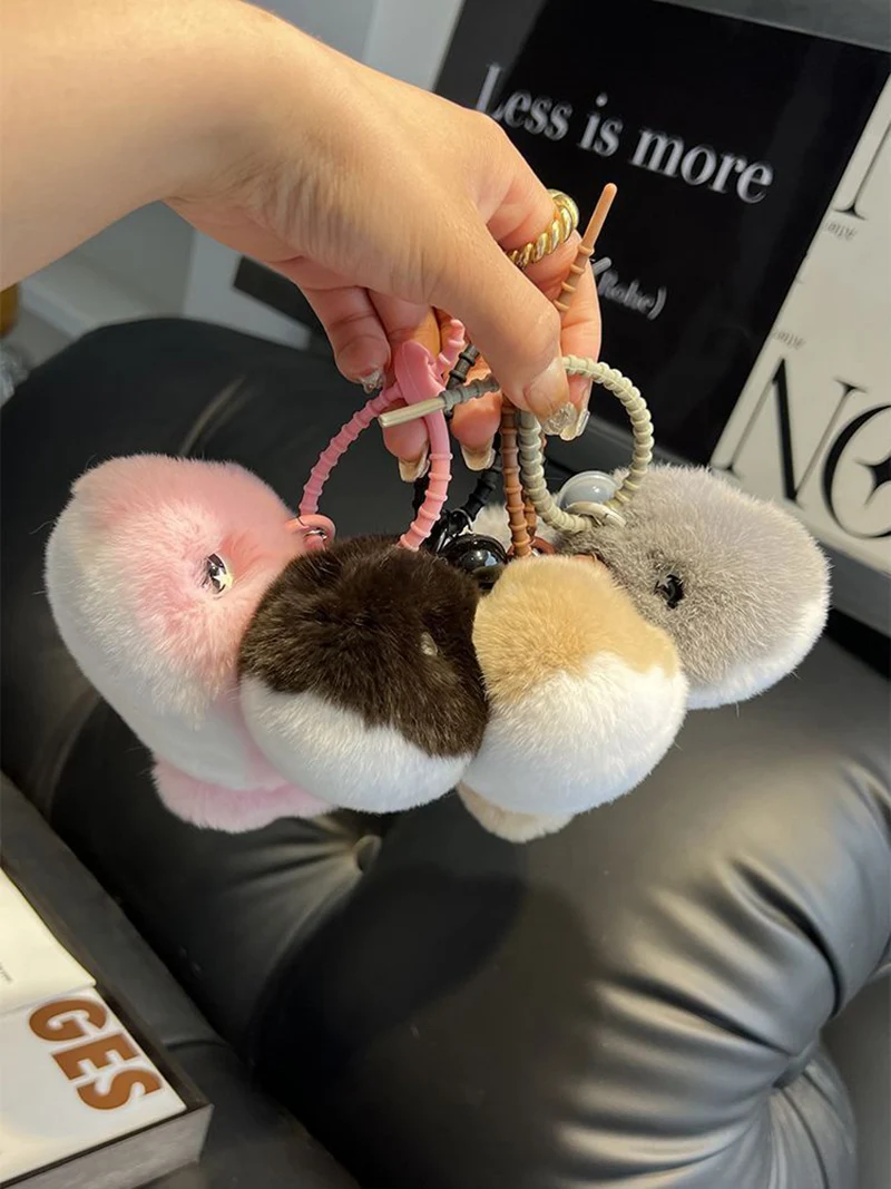 Cute Real Otter Rabbit Fur Small Fish Car Keychain Pendant Plush Toy Doll Backpack Hanging Decoration Keychain