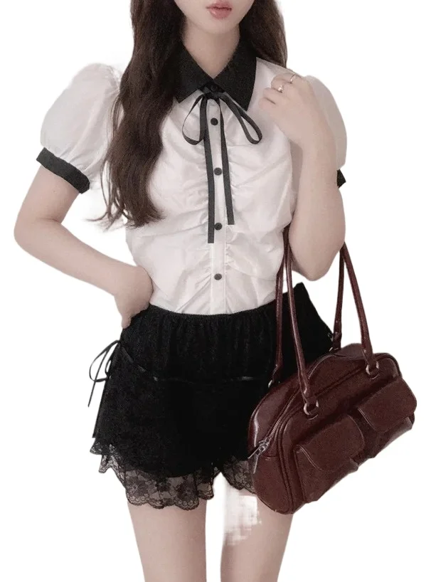 

2025 Japanese Sweet Casual Shirts Versatile Single-Breasted Fashion Bowknot Puff Short Sleeve Shirt Women's Tops Summer New