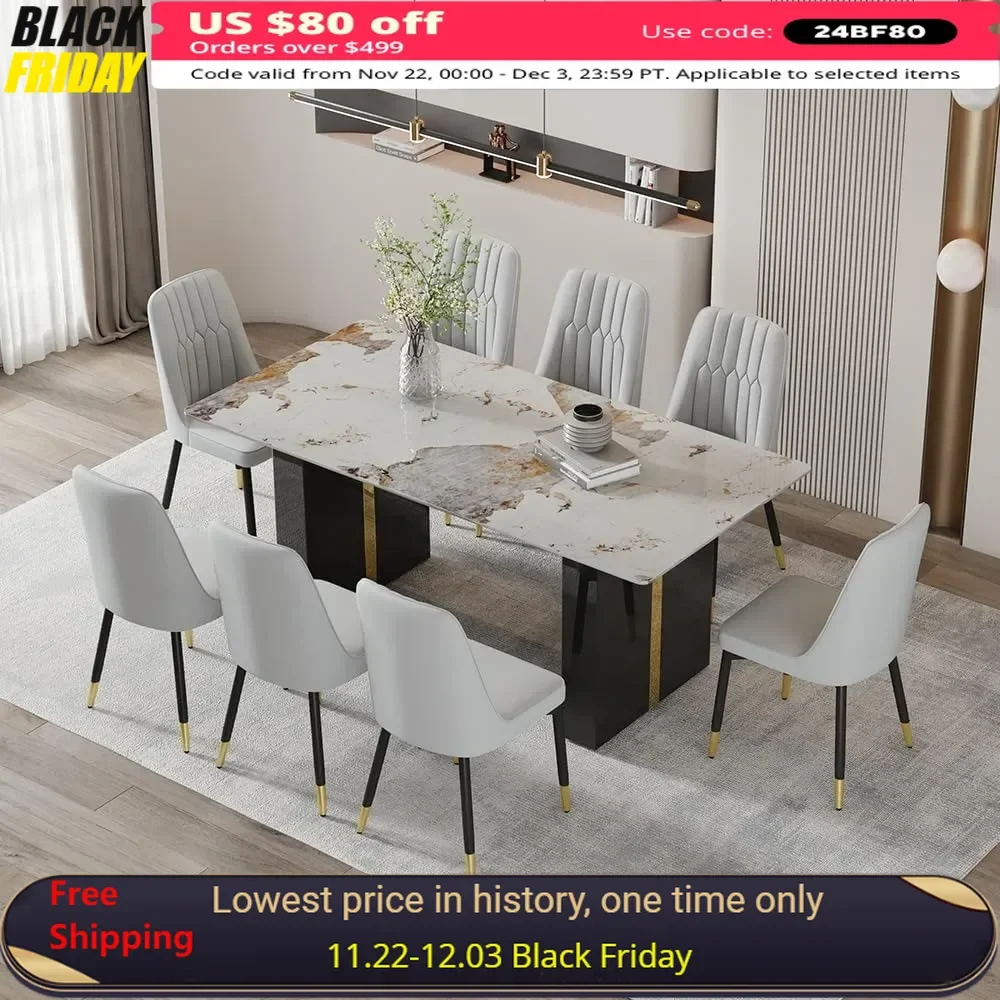 

71'' Modern Dining Table Set for 8, Kitchen Table for 8, Dining Faux Marble Table Set for 8, Dining Tables Set