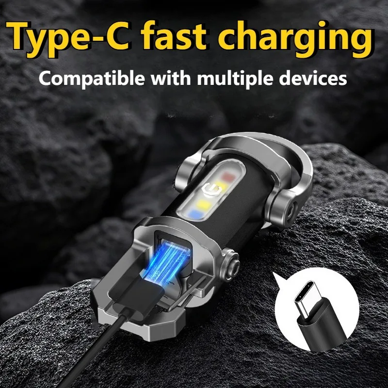 Mini chaveiro lanterna cob luz de trabalho tipo-c recarregável ao ar livre gancho luz de advertência de emergência para acampamento caminhadas caminhadas
