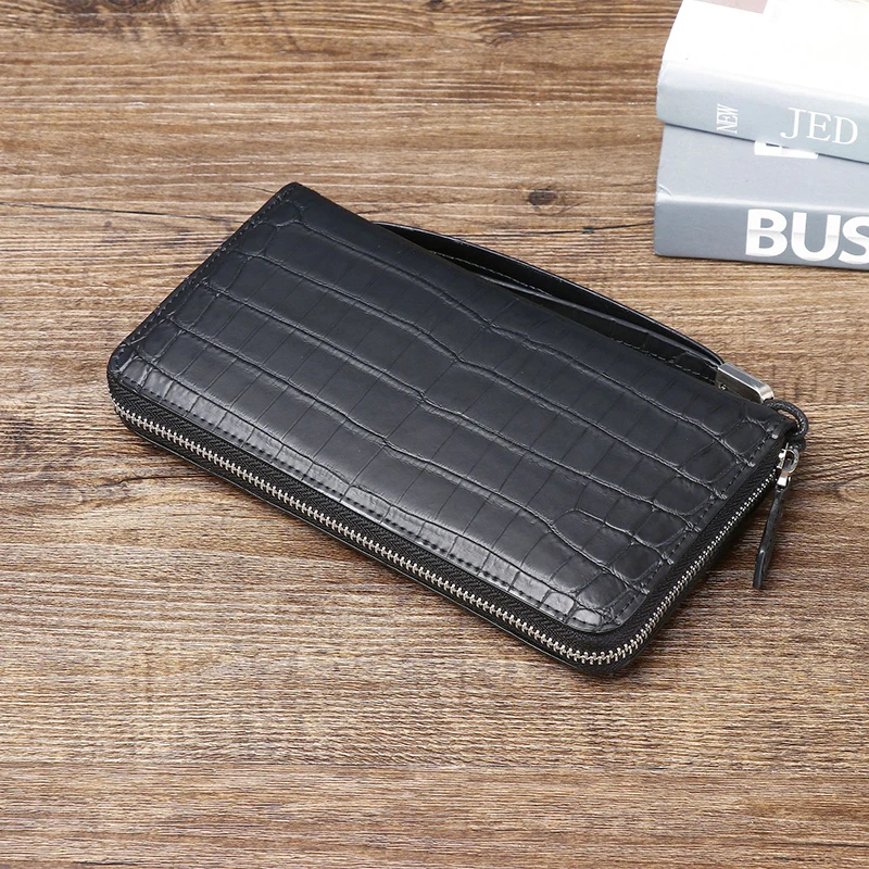 Crocodile Pattern real cowhide leather bag Men\'s clutch bag Business Long Wallet Multi Card Position Handbag Mobile Bag black