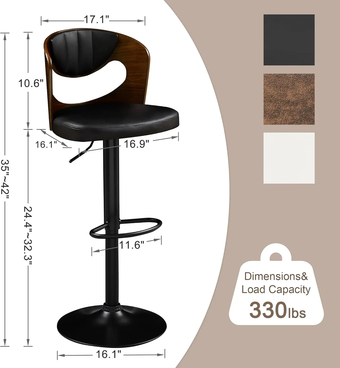 Bar Stools Set of 4 Adjustable Counter Height Stools with Bentwood Back Armrest&Footrest Swivel PU Leather Bar Chairs