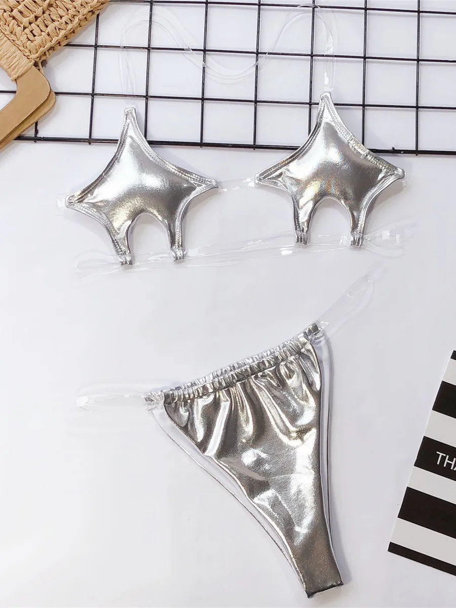 Sexy Micro Bikini 2024 Donne Pentagramma Design Trasparente Costumi Da Bagno Neon Trasparente Cinghia Vedere Attraverso Perizoma Costume Da Bagno Traje De Baño