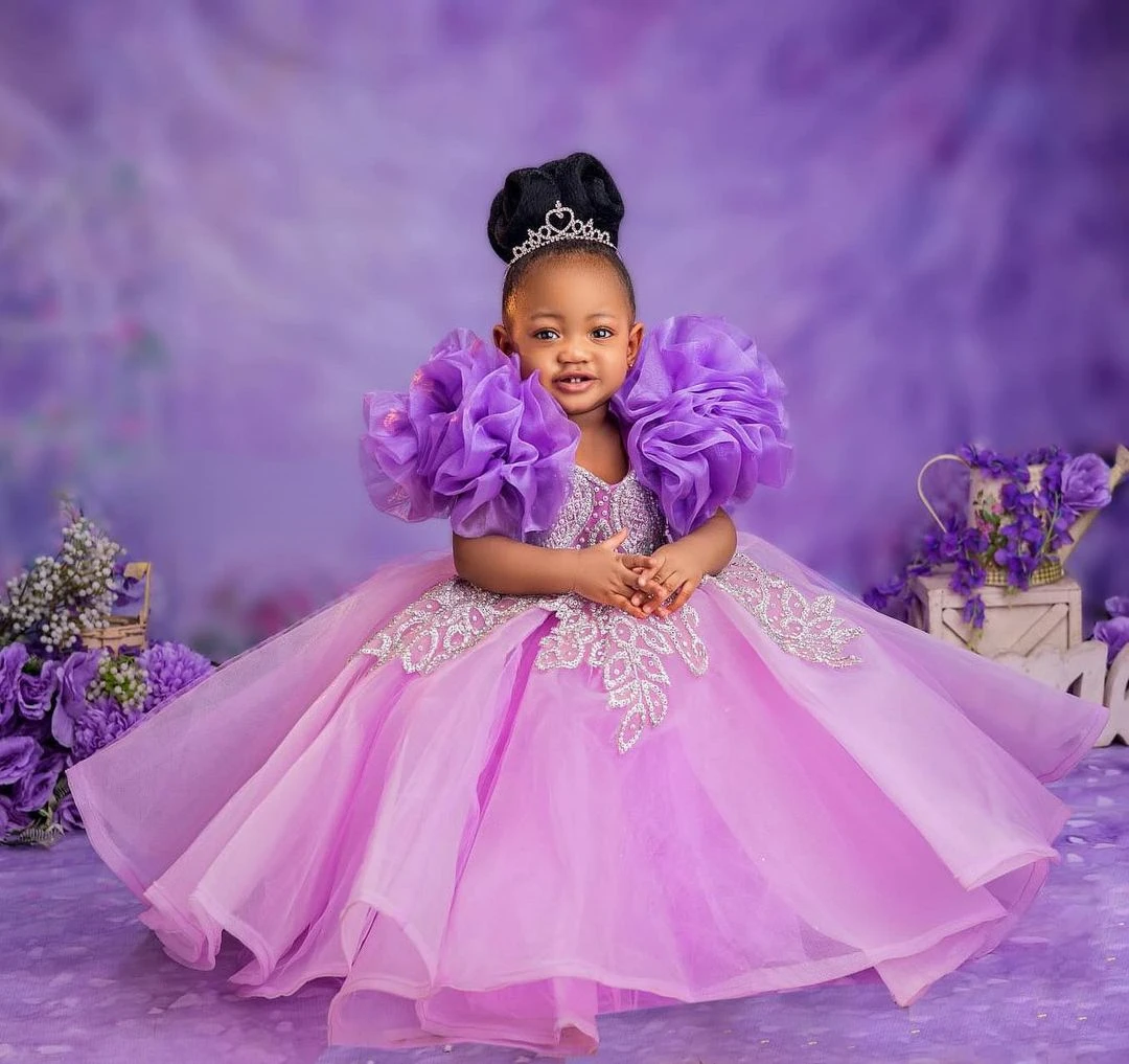 Lovely Flower Girl Dress Purple Elegant Glitter Sequins Decoration Tulle Lace Princess Birthday Ball First Communion Dresses