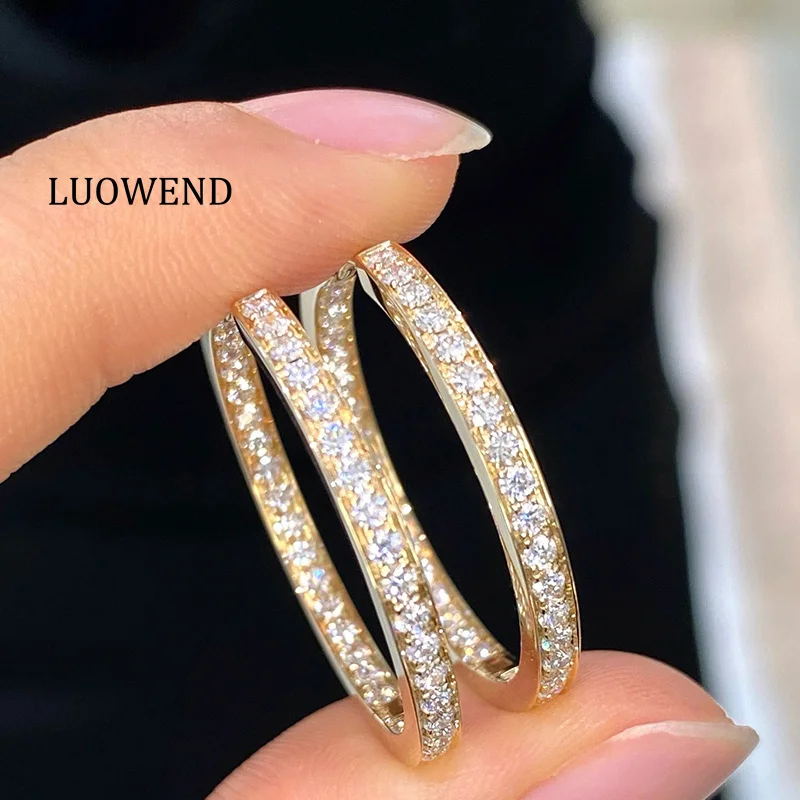 LUOWEND 100% 18K Yellow Gold Earrings Luxury Classic Design 25mm Real Natural Diamond Hoop Earrings for Women Senior Banquet