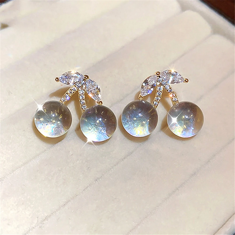 

Sweet Resin Zircon Cherry 925 Silver Needle Stud Earrings New Korean Real Gold Plating Simple Temperament Fashion Fruit Earrings