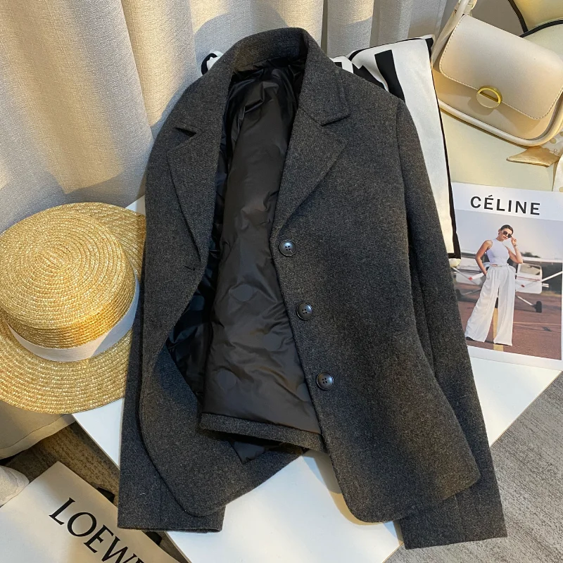 

Grey Long Sleeved Down Lining Woolen Suit Short Jacket for Women's Winter New Warm Fashionable Office Lady French Suit Jacket