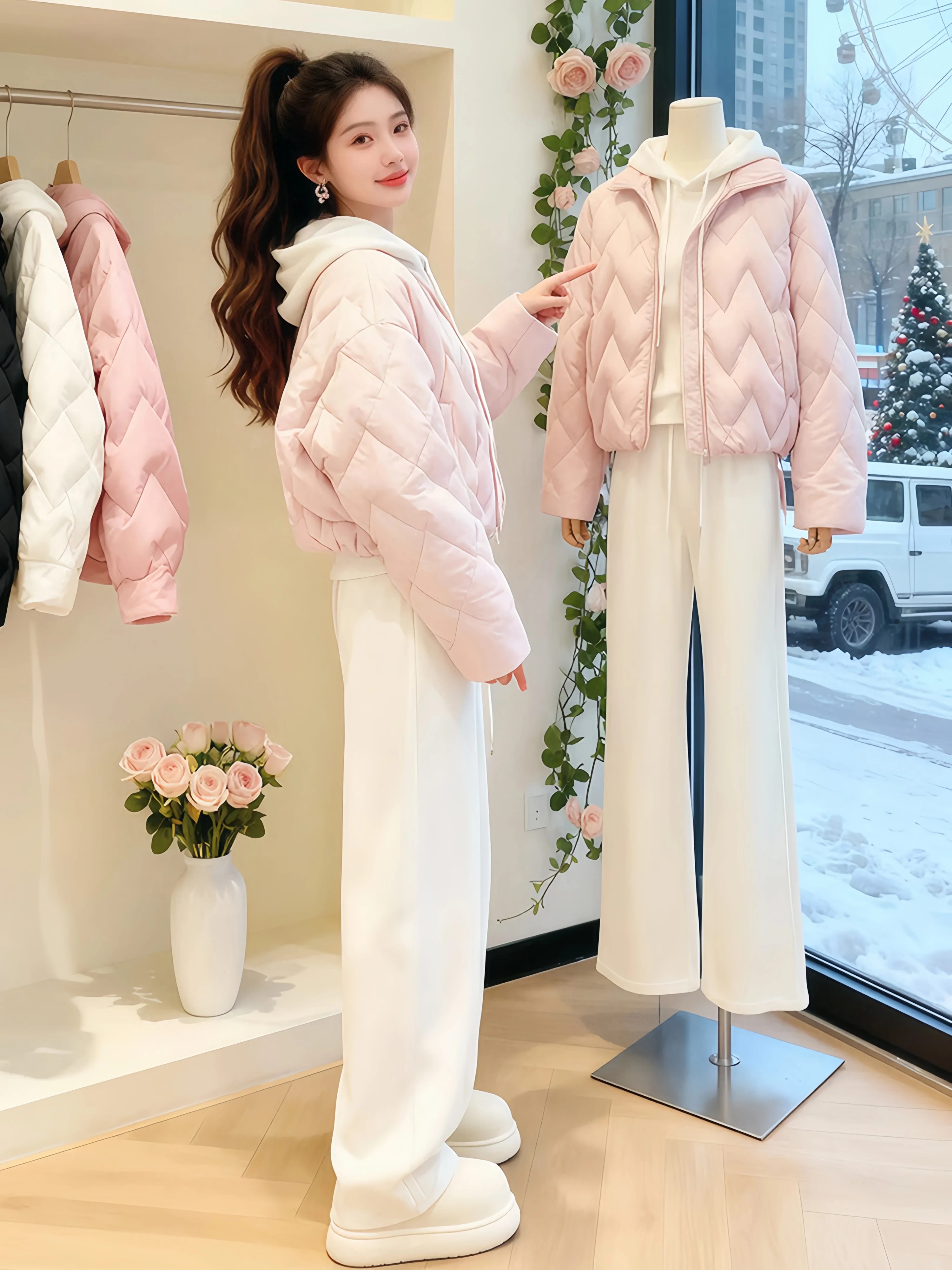

Pink Anti-Aging Set Women's Short Cotton Jacket Fleece-Lined Hoodie Long Pants Three-Piece Suit Casual Style Autumn Winter Ne...