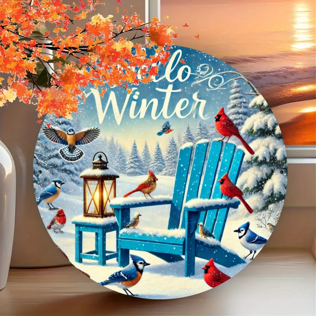 Hello Winter Round Metal Sign - Vintage Foil Engraving Wall Decor for Home, Farmhouse, Bedroom,