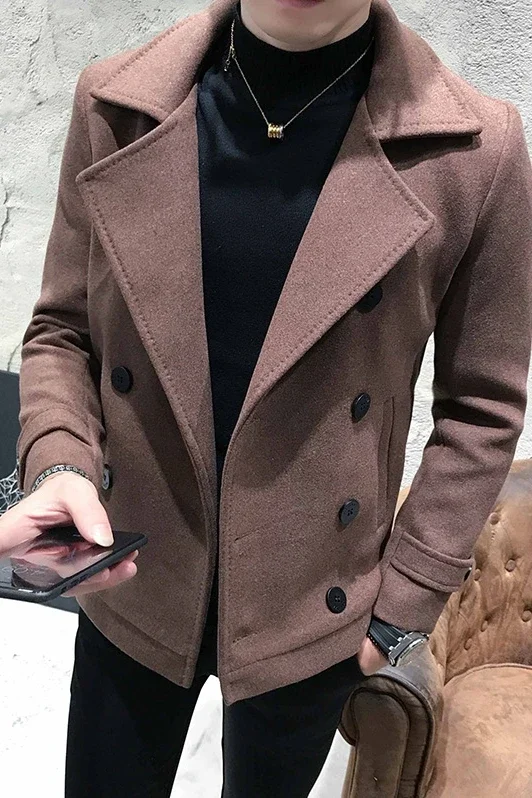 Autumn Winter Men Coat Thick Short Paragraph Solid Color Casual Woolen Coat Double-Breasted Casual Woolen Trench Coat Jacket