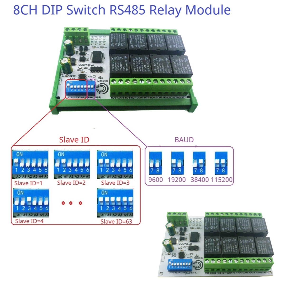 8CH DC 12V 24V DIP Switch Set Parameters RS485 Relay Board Modbus RTU PLC Remote IO Module RYR408B C35 DIN BOX