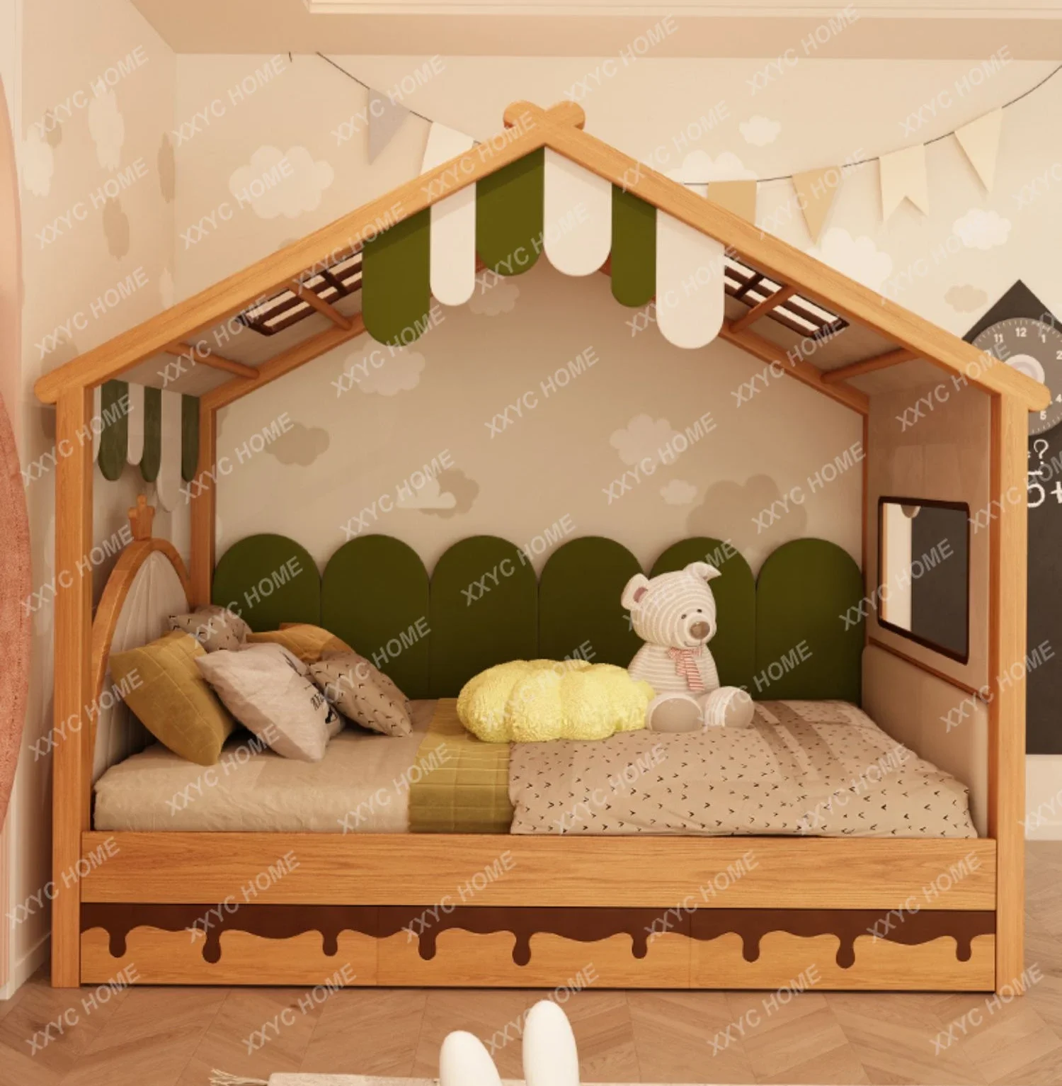 Solid Wood Children's Bed Tree House Bed Tent Boy Wooden House Single Bed Girl 1.2 M Children's Room with Fence 1.5