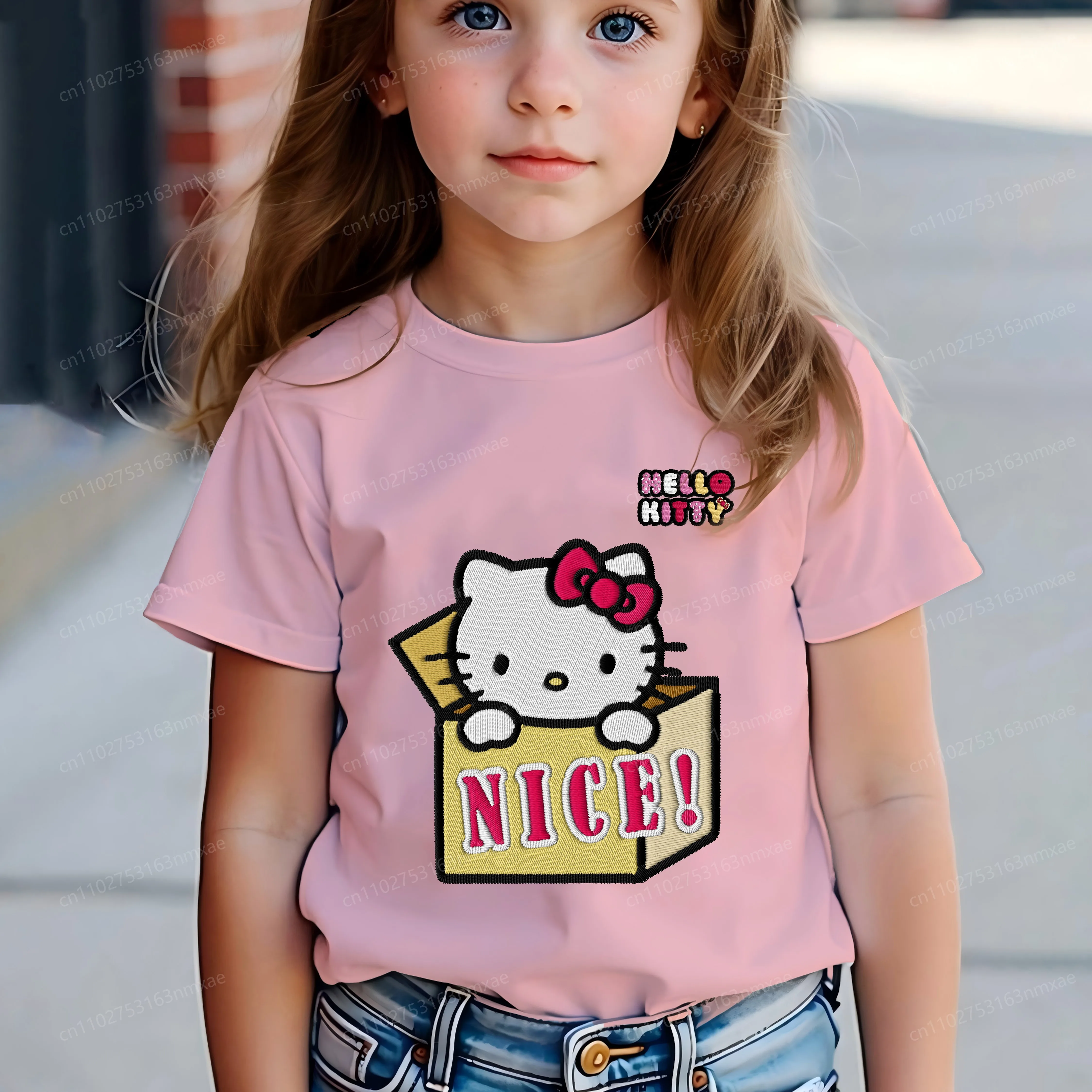 

Embroidery Hello Kitty Children Summer Clothes 2025 Kids Top Crew Neck Girls' Texture T-shirt Child Girl 3D Printing Pure Cotton