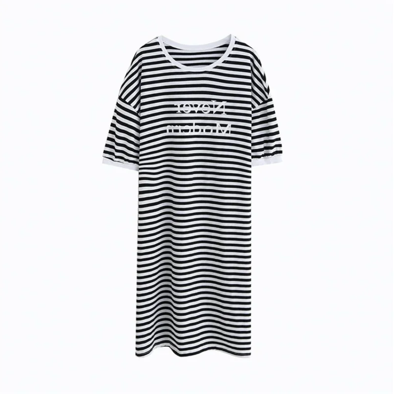 

Women's Summer Korean Loose Nightgown Casual Sleep Dress Striped T-Shirt Long Dress Sleepwear Simple Short-Sleeved Dress