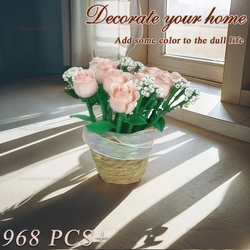 

968 шт. розовые розы романтический букет цветов строительные блоки креативное украшение растения собрать кирпичи игрушки подарки для девочек женские