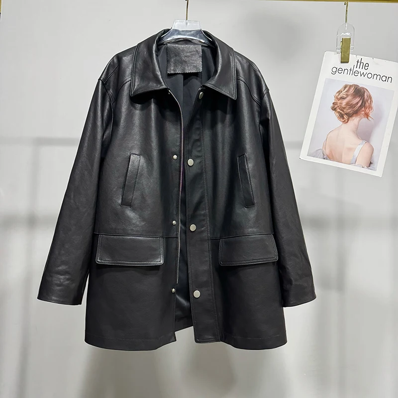 Giacca in pelle Autunno Donna Pelle di pecora conciata al vegetale piena Tasche con risvolto Camicia ampia da medio a lunga Trench Coat Blusas De Mujer