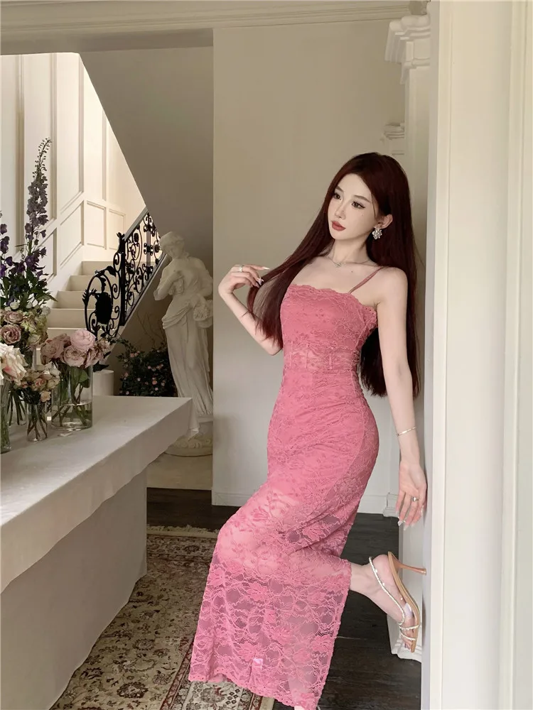 ファッション夏スラッシュネックピンクレースかぎ針編みキャミソールスリップドレスノースリーブボディコンペンシルイブニングパーティードレスロングベストスカート