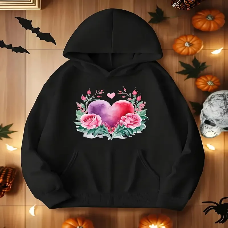 

Женская толстовка с длинными рукавами и цветочным принтом, осенне-зимняя одежда, пуловер, толстовка с карманом-кенгуру, капюшон на шнурке, мягкая повседневная верхняя одежда