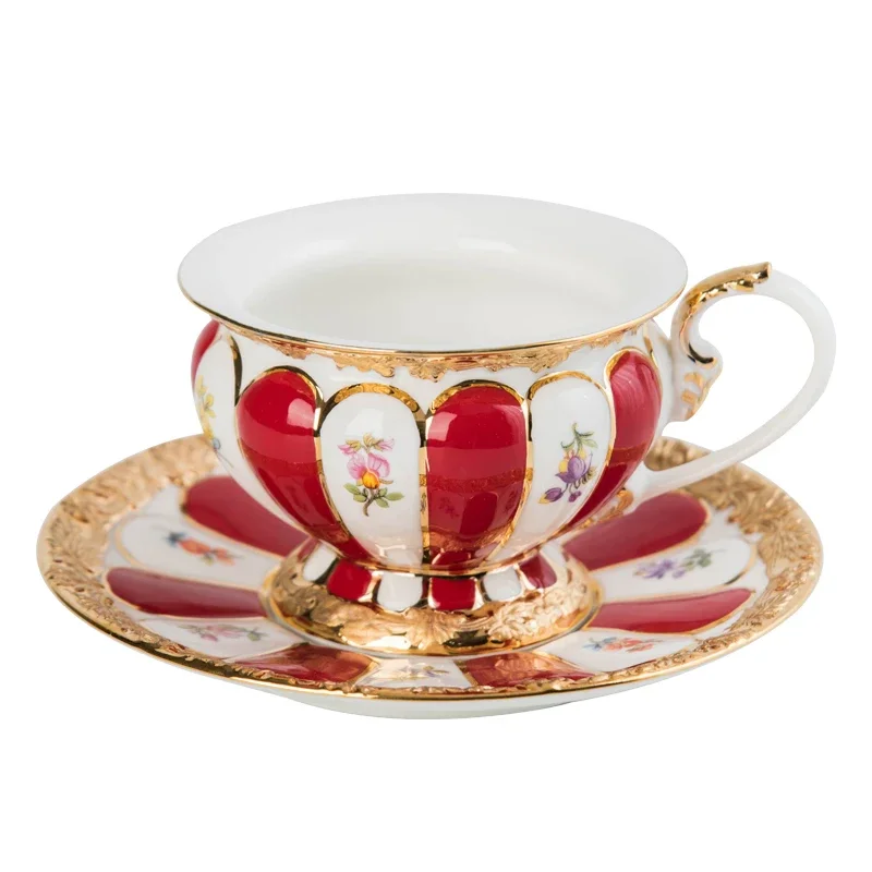 Luxury European Tea Set High-End Coffee Cups and Plates Style Reliefs with Gold Painting Techniques Fine Porcelain