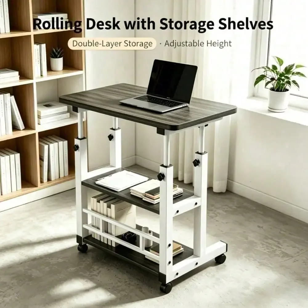 Rolling Adjustable Bedside Laptop Desk, Portable Movable Writing Table, Multifunctional Computer Table for Dorm Bedroom