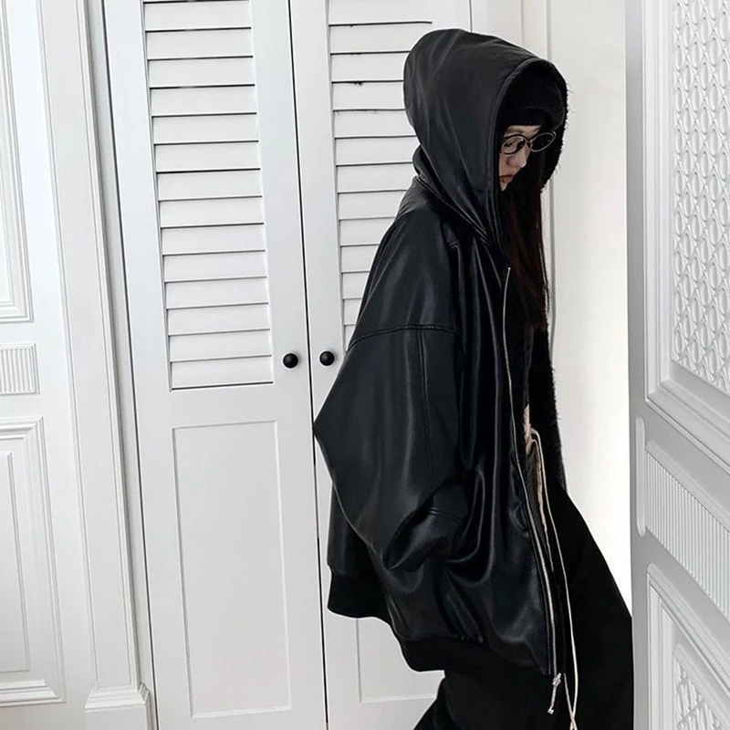 Schwarz Faux Lämmer Pu Jacke Frauen Y2K Winter Warm Lose Zipper Mit Kapuze Mäntel Streetwear Doppelseitige Tragen Alle Spiel Oberbekleidung Neue