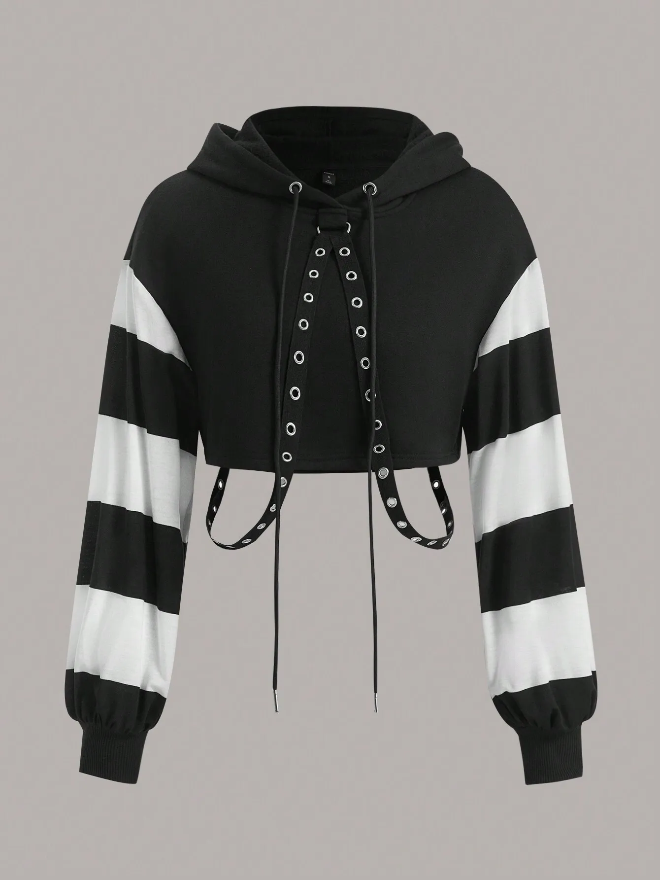 

Укороченная толстовка с цветными блоками в стиле панк и люверсами на шнуровке спереди, уличный топ с длинными рукавами