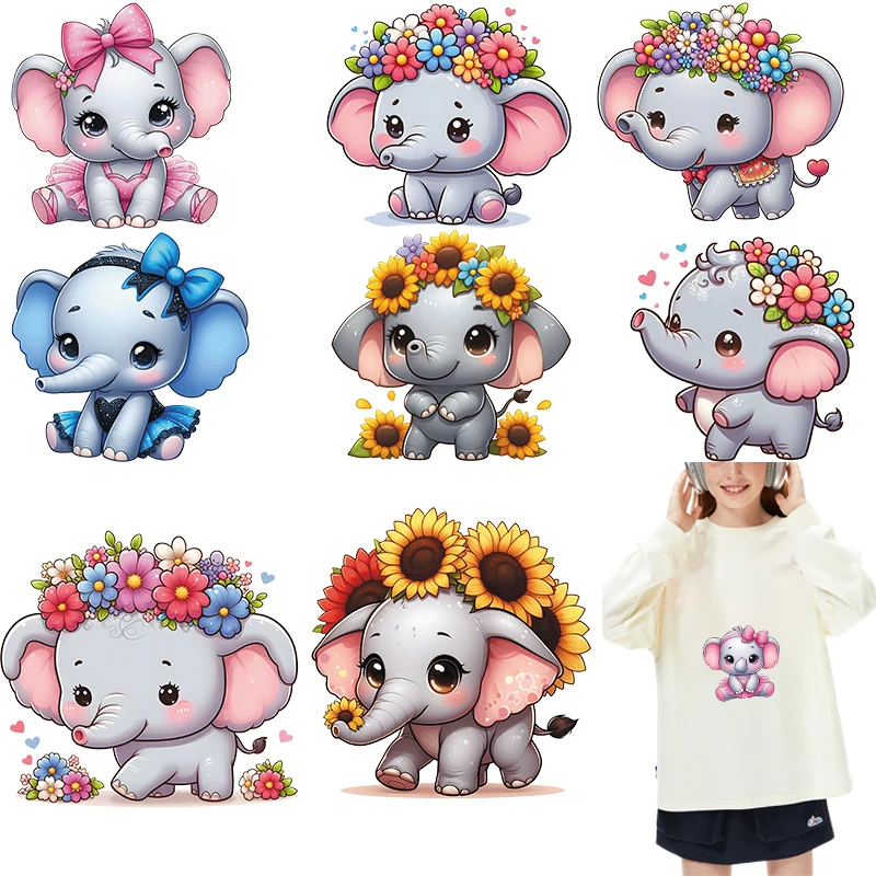 

A baby elephant wearing a wreath Iron On Patch Heat Transfer On children Clothes Iron on transfer dtf transfers ready to press