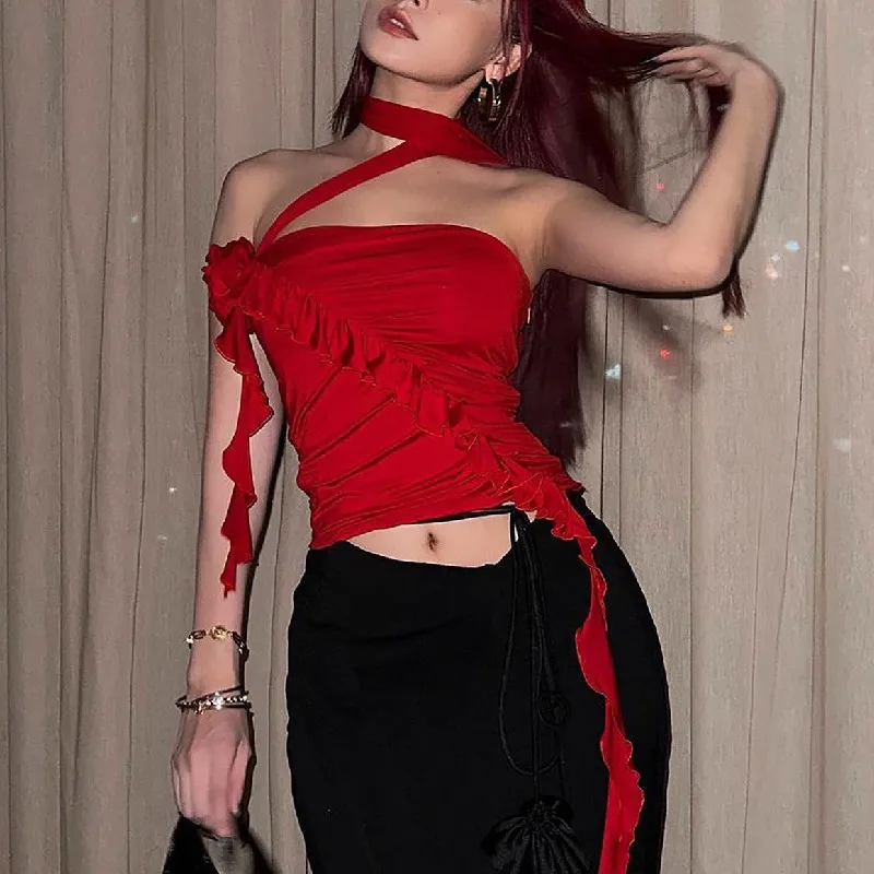 

Women Cool Girls Y2k Summer Fashion Sleeveless Crop Tops Summer Camis Tank Top Sexy Flower Lace Up Ruffle Camisole Streetwear