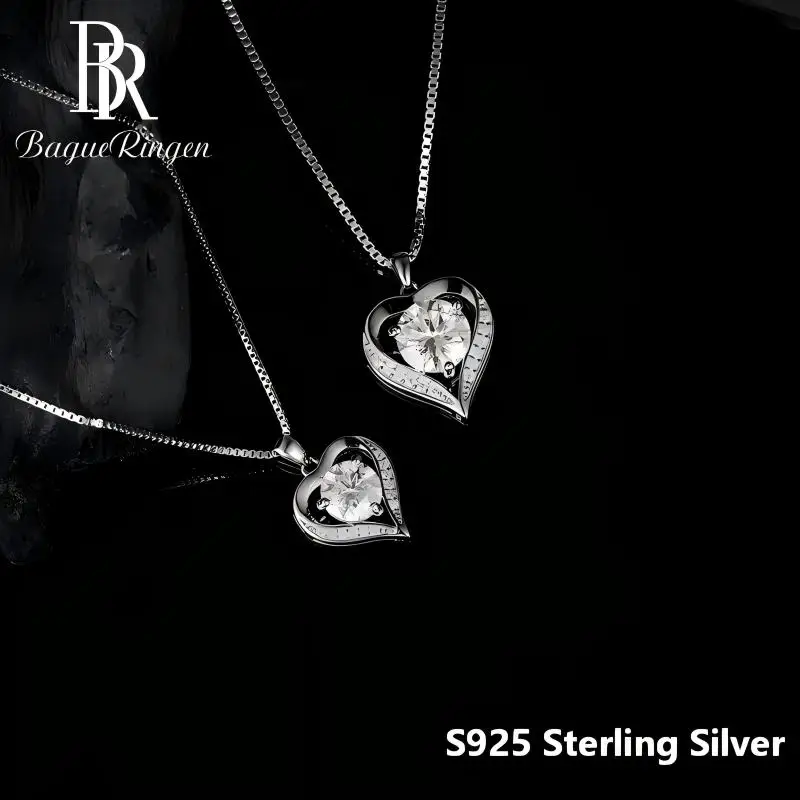 BR 925 Sterling Silver Heart Moissanite Pendant Necklace, Sweet Versatile Collarbone Chain, Light Luxury Gift for Women