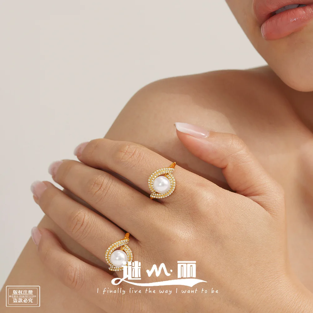 

Mioli Stainless Steel Double-layer Zircon Gloss Shell Pearls Ring Opening Adjustable Non-fading Luxury Jewelry