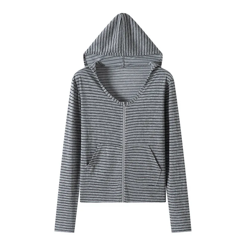 Women's Color Blocking Stripes Hooded Long Sleeve Jacket Thin Sunscreen Zipper Cardigan Versatile Short Coat