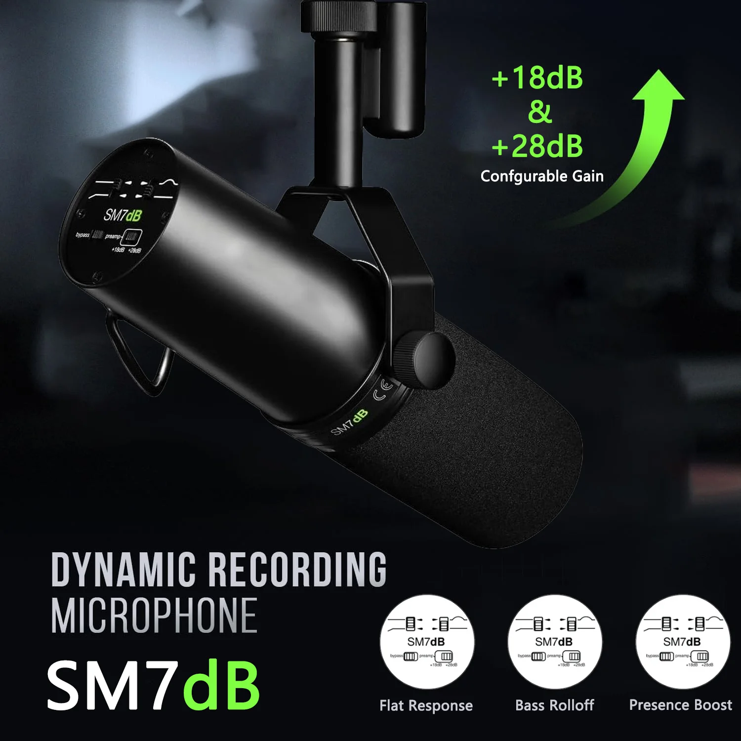 ميكروفون صوتي ديناميكي احترافي SM7dB مع مضخم مدمج لتوفير تسجيل استوديو البث المباشر