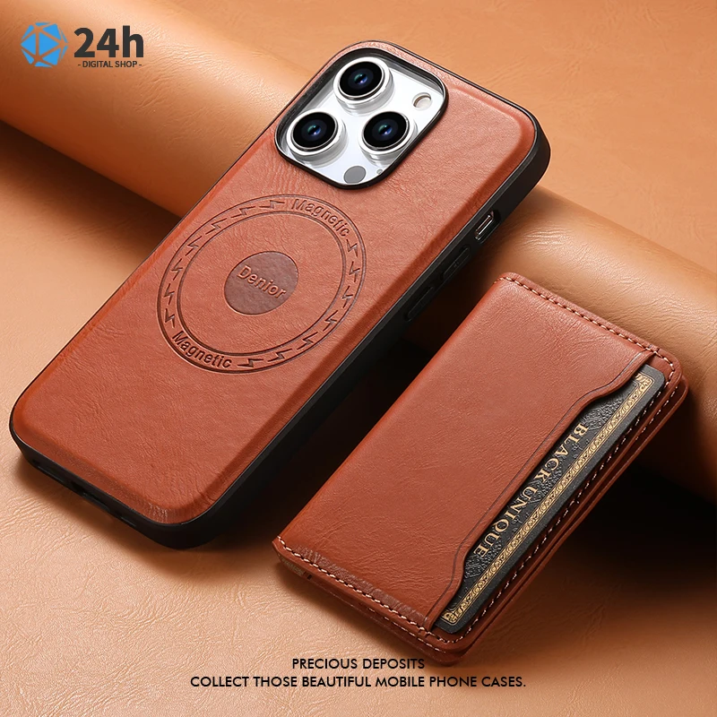 

Luxury Leather Card Holder Phone Case For iPhone 12 13 14 15 Pro Max Samsung S23 FE S24 Ultra Plus Magsafe Wireless Charge Cover