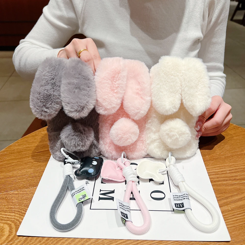 

3D Cute Soft Plush Bunny With Lanyard Phone Case For iPhone 15 14 13 12 11 16 17 Pro Max Plus Air Furry Rabbit Fur Back Cover
