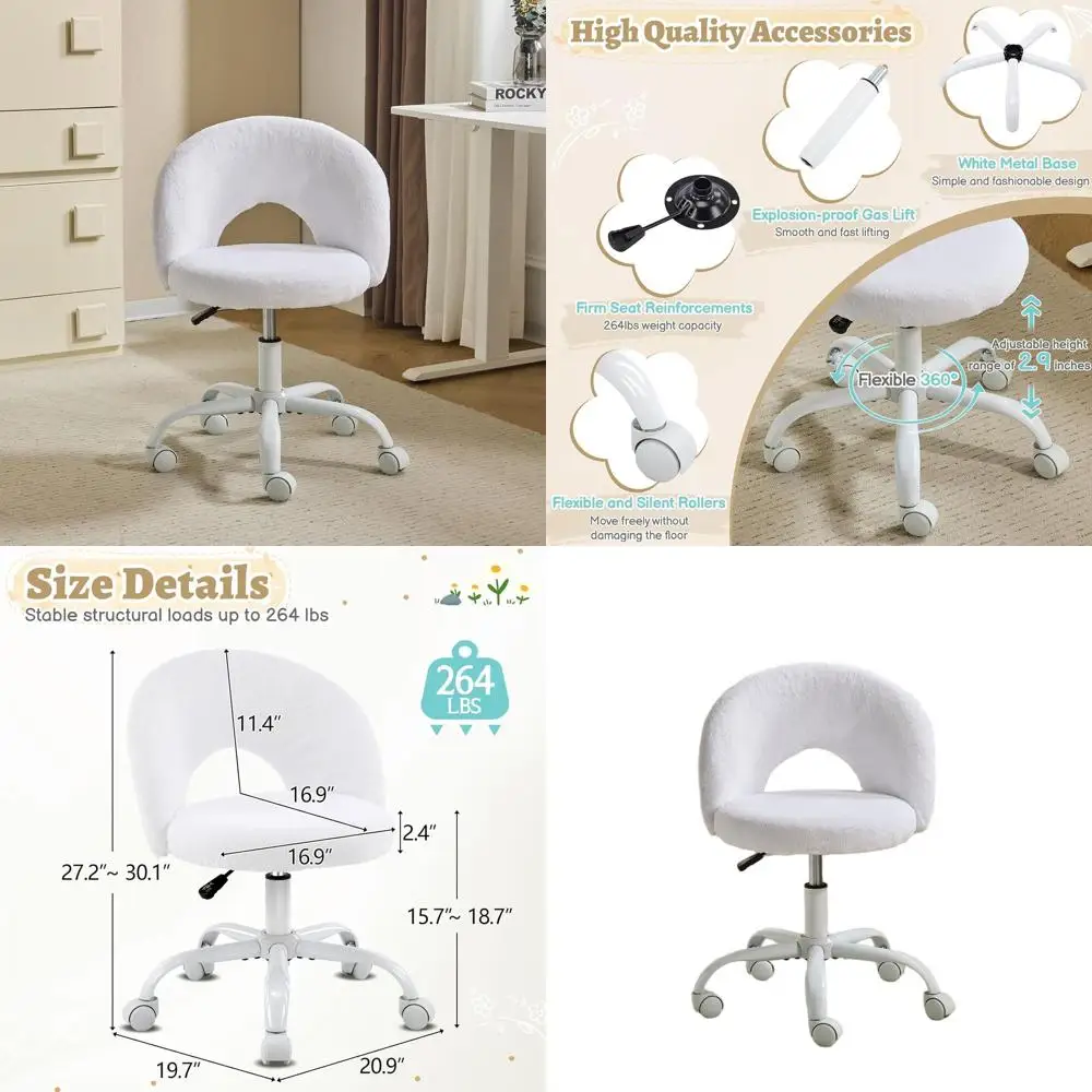 

Compact Faux Fur Swivel Chair with Adjustable Height for Girls, Comfortable Rolling Desk Chair for Study, Makeup, and Small Spac