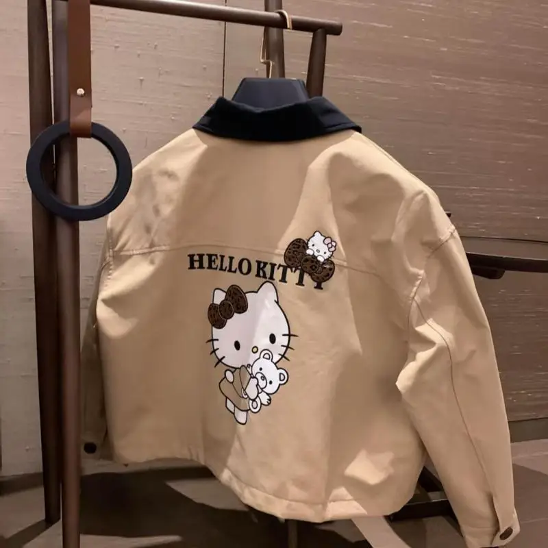 Hello Kitty Top Cappotto Ragazze Bella Giacca retrò a maniche lunghe Y2K Felpa Hot Cartoon Risvolto Casual Versatile Abbigliamento da lavoro da strada