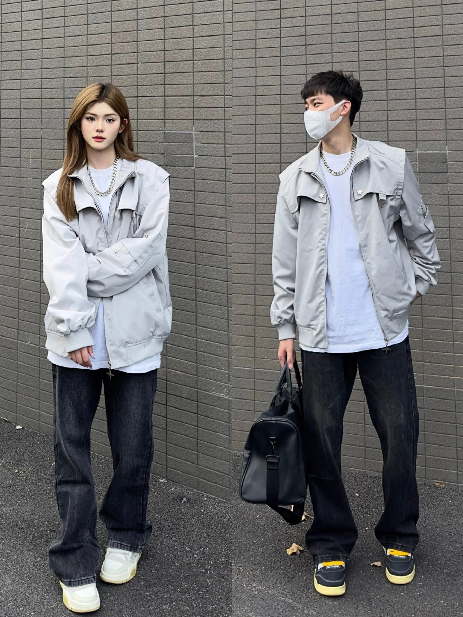 

American Retro Street Detachable oulder Flight Jaet Men's Loose Casual Couple Trendy Brand Functional Sle Coat