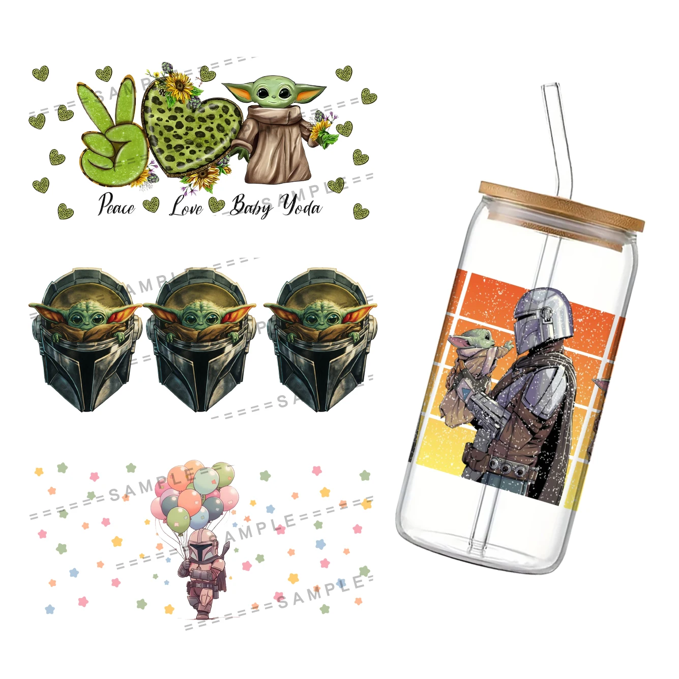 Star Wars Yoda Pattern UV DTF Transfer Sticker Waterproof For 16oz Glass Cup Wrap Stickers