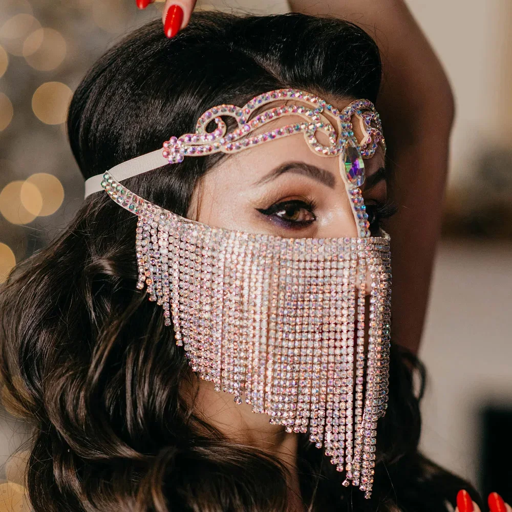Stonefans Exotic Tassel Face Chain Veil Belly Dance Cosplay Decoration Elegant Water Drop Crystal Masquerade Face Mask Jewelry