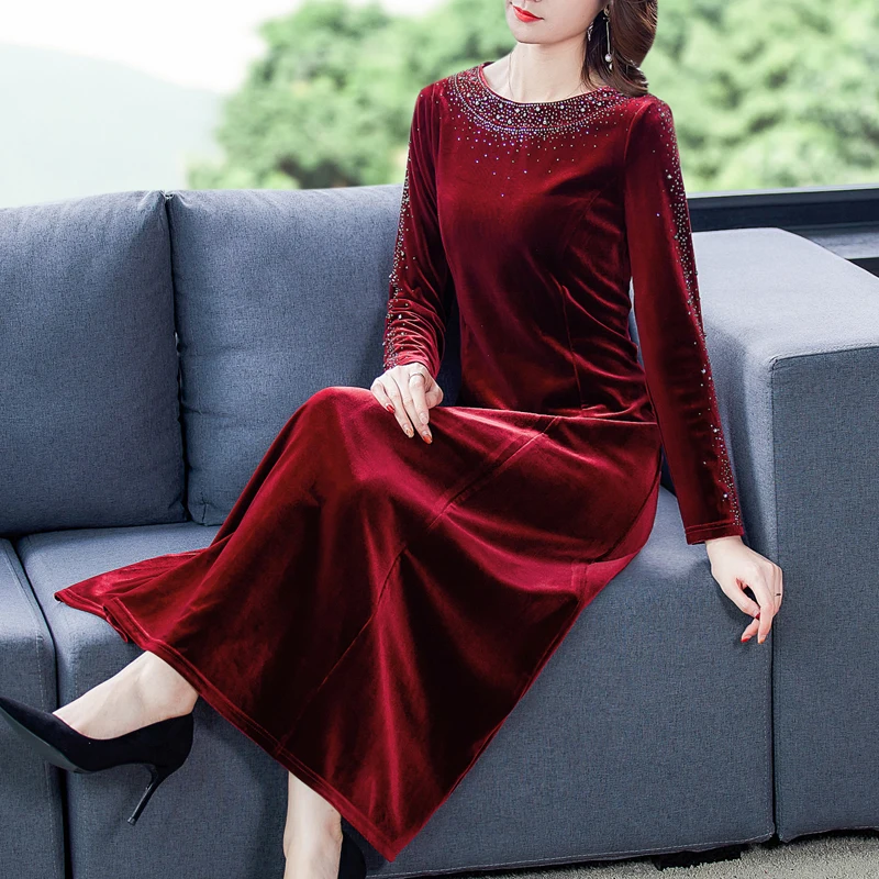 2024 Autumn Winter Sequins Midi prom Dress Elegant Vintage Red Diamond Velvet Maxi Dresses Women Bodycon Party evening Vestidos