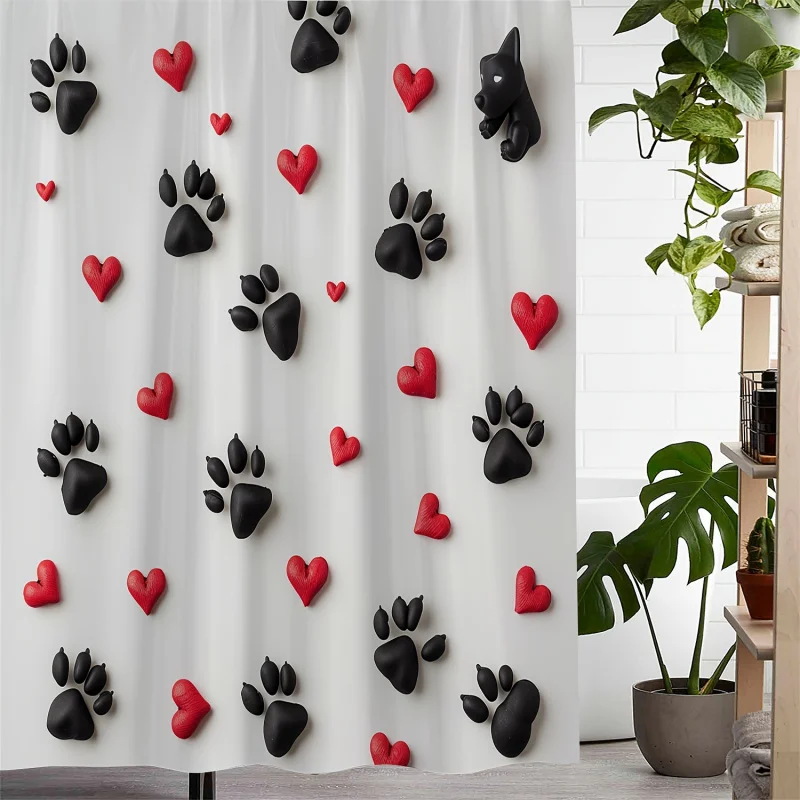 1pc Cute Paw Print & Hearts Design Waterproof Shower Curtain, 72x72 inches with 12 Hooks, Pet Lover Bathroom Decor, Mildew Resis