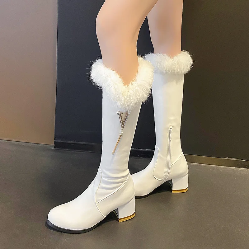 YQBTDL Sweet V-Shape Fur Opening Long Boots Pumps Metal Decoration Rhinestones Tassel Block Heels Evening Party Shoes Women 2022