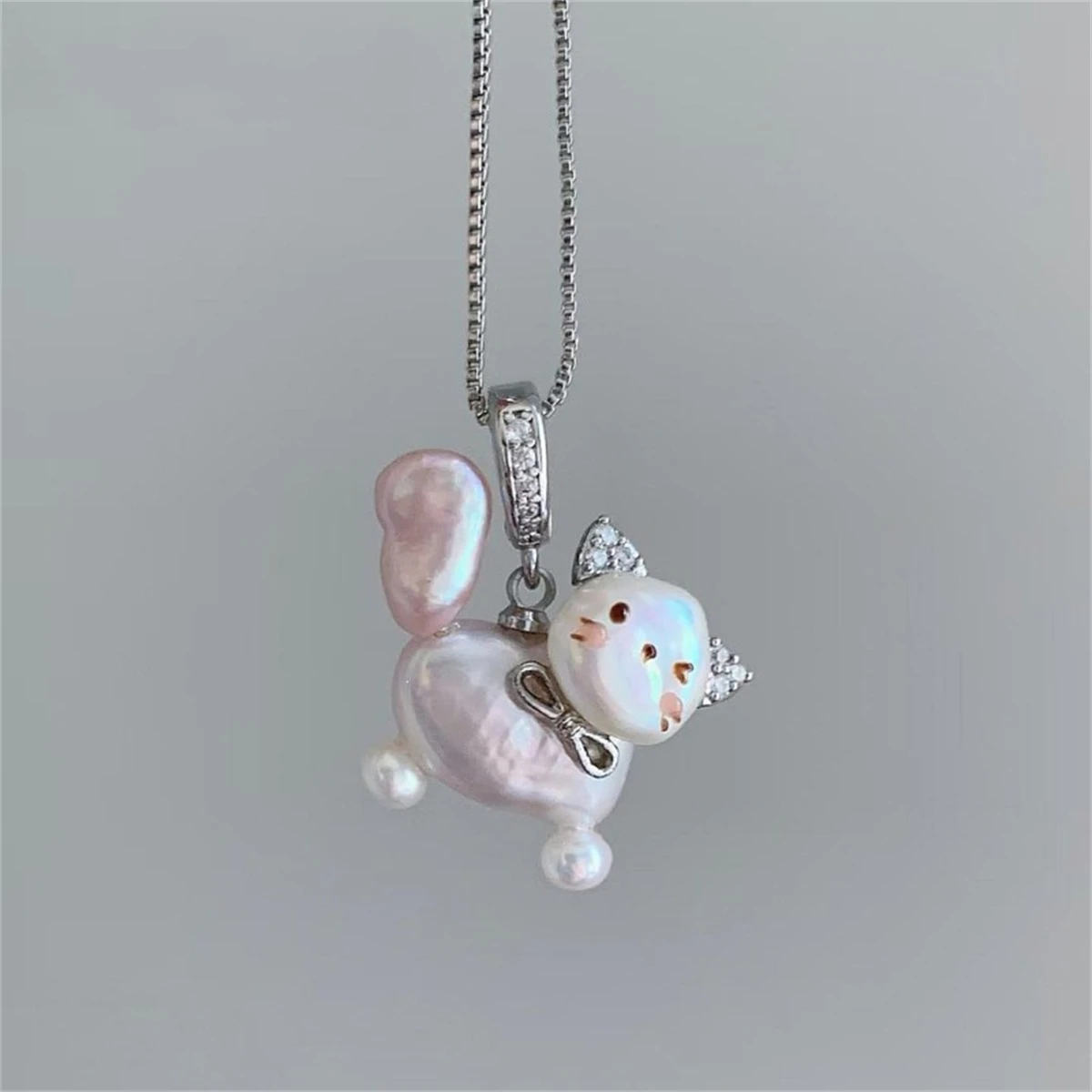 Niedliche Barock-Perlen Katzen-Anhänger Halskette Kawaii Tier Schleife Kätzchen Halskette Damen Mode Schmuck Geschenk – Detail 4