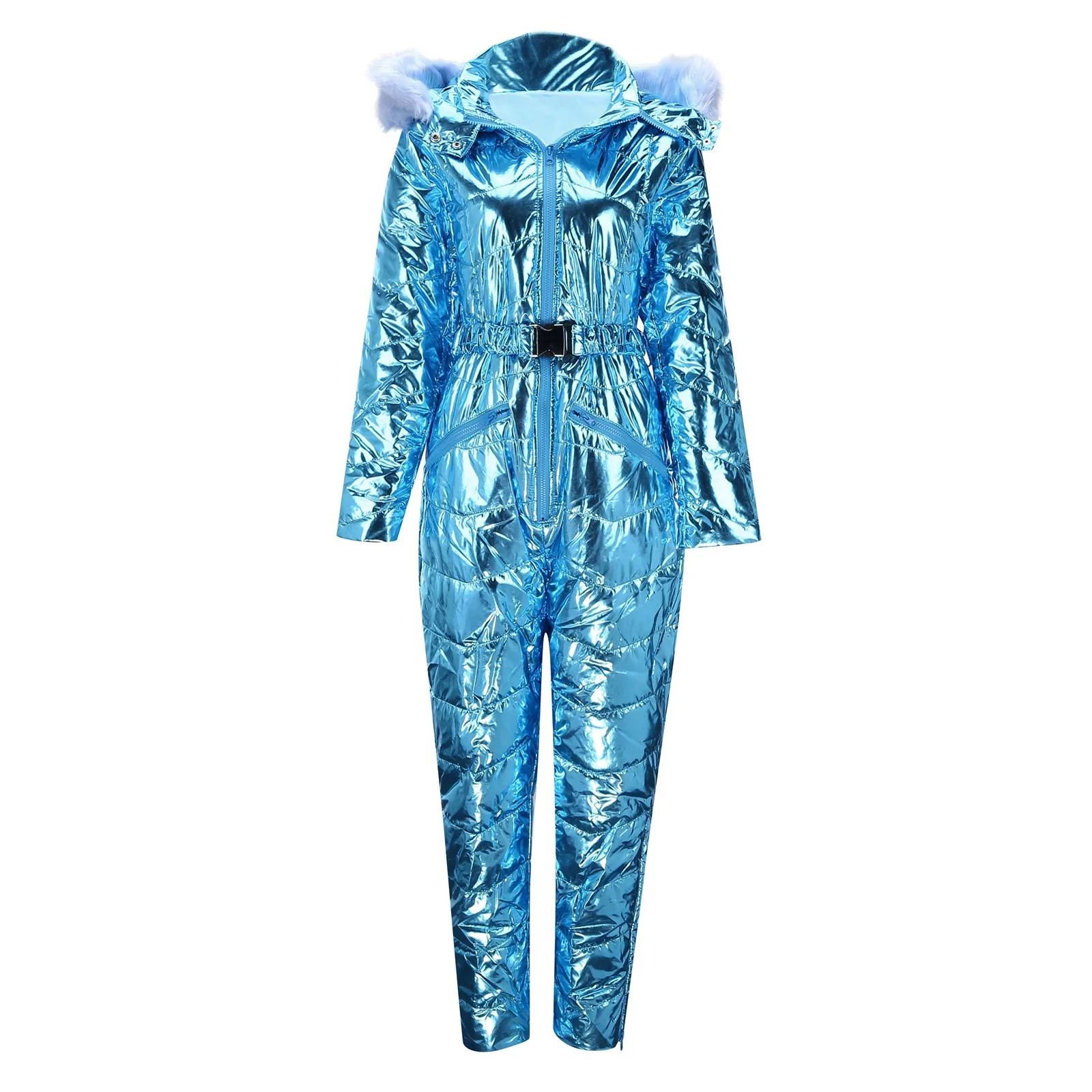 Pele com capuz macacão de esqui feminino fino ajuste acolchoado parka zip up uma peça snowsuit inverno outerwear manga longa algodão acolchoado casaco