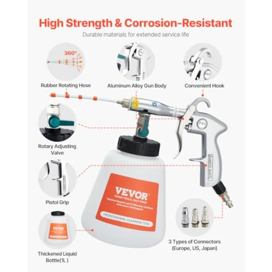 Pistola per la pulizia dell'auto Pistola ad aria ad alta pressione da 69,2 Bar con 2 set di ugelli Bottiglia di liquido da 1 litro Pistola per la pulizia del vortice Esplosione rapida dello sporco