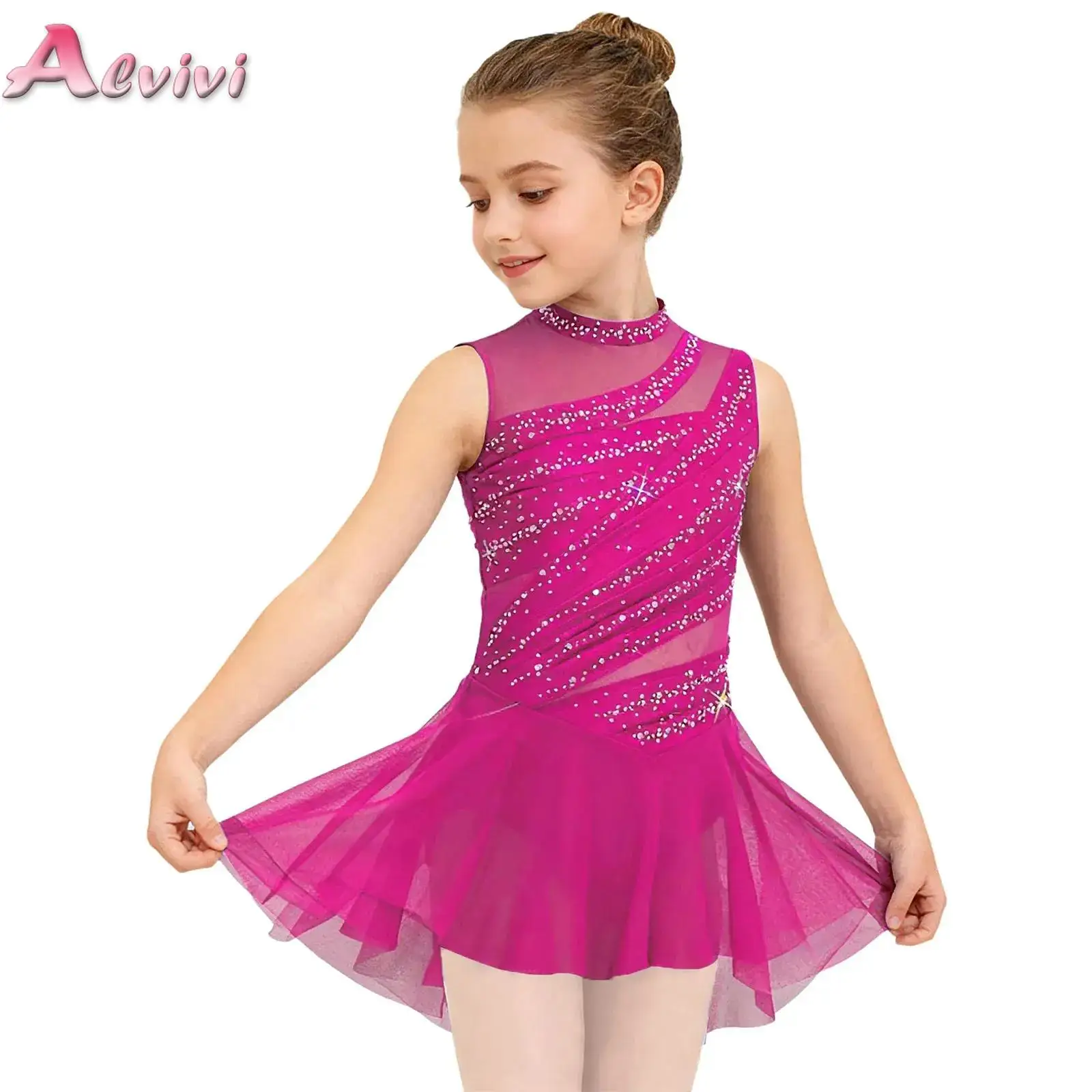 Kids Girls Ruched Ballet Lyrical Performance Dancing Dress Sleeveless Mesh Rhinestone Cutout Back Dress Competition Costume