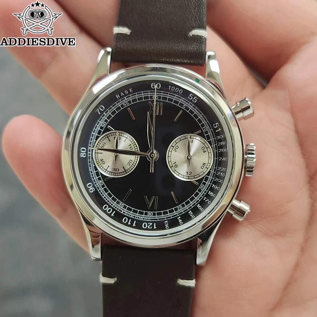 

ADDIESDIVE VK64 Multifunctional 24 Hour Chronograph Quartz Watch Business Black Dial Leather 100M Dive 38MM Men's Watches AD2037