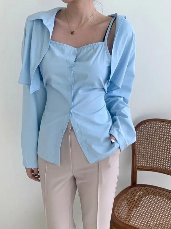 Chic Early Autumn Single Button Pure Color Belted Halter Neck Short Shoulder Wrap Two Piece Set Shirt Women Korean Style
