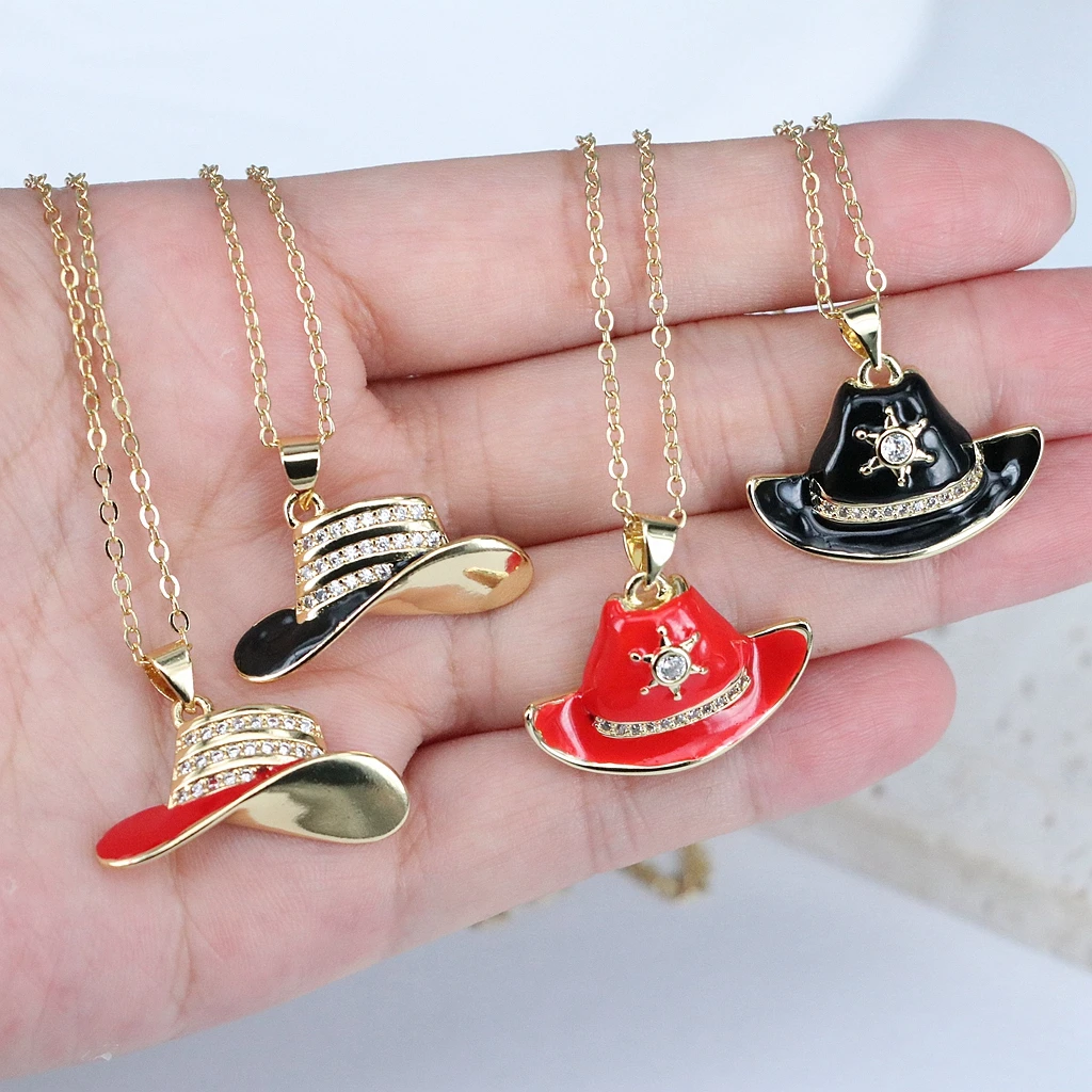 

5Pcs/Fashion Red Black Enamel Cowboy Hat Pendant for Necklace Copper Crystal Sun Headgear Keychain Purse Charm Jewelry Making